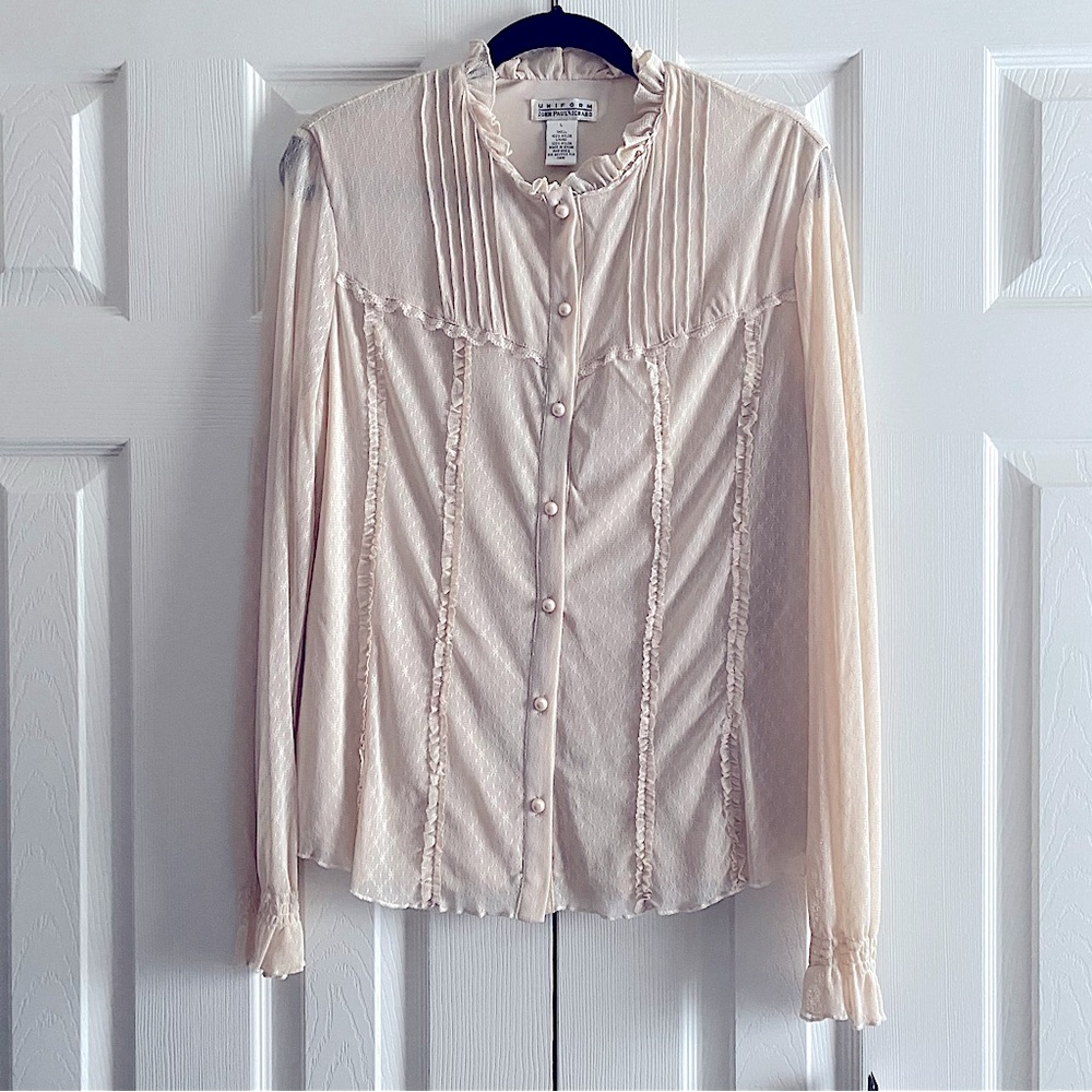 LACE GEORGETTE PINTUCK LONG SLEEVE RUFFLE COLLAR BLOUSE TOP WHIMSY BOHO OFFICE L